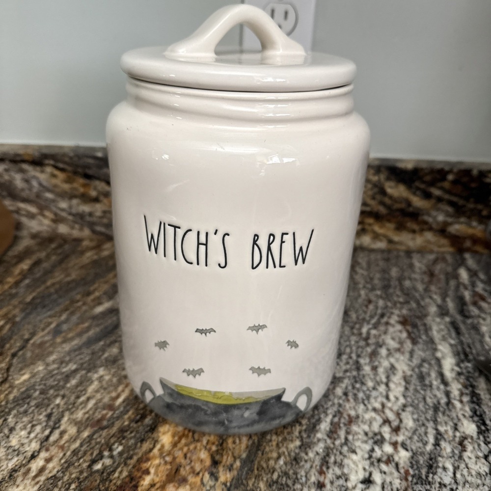 Rae Dunn Halloween Witch's Brew Canister 8.5" Ceramic Cookie Jar Watercolor Bats